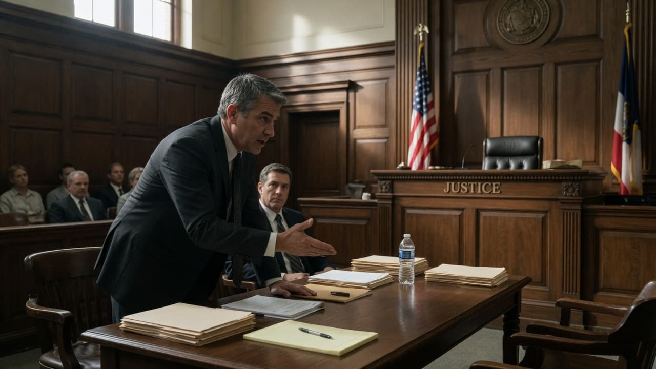 An attorney addressing the court beneath an engraving that reads Justice