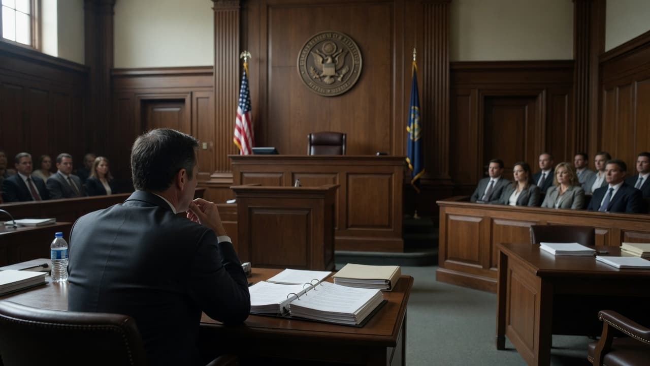 A wide view of a courtroom with an attorney reviewing case files