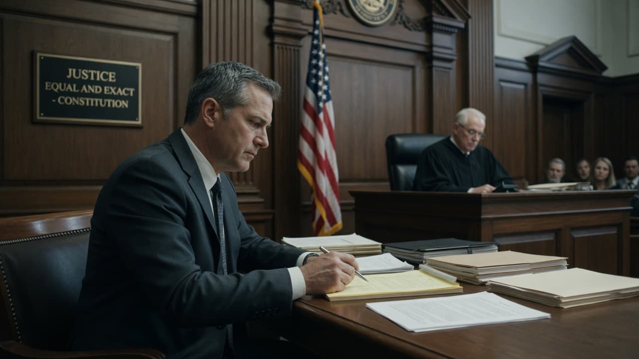 An attorney at work in a courtroom beneath a plaque reading Justice, Equal and Exact